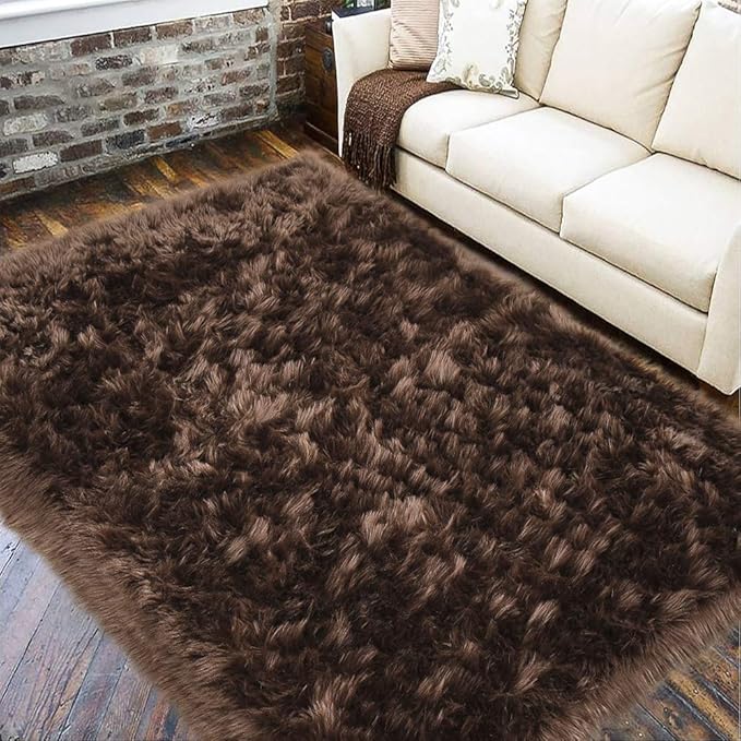 LOCHAS Soft Fluffy Faux Fur Rugs for Bedroom Bedside Rug 3x5 Feet, Washable, Furry Sheepskin Area Rug for Living Room Girls Room, Luxury Shag Carpet Home Decor, Brown