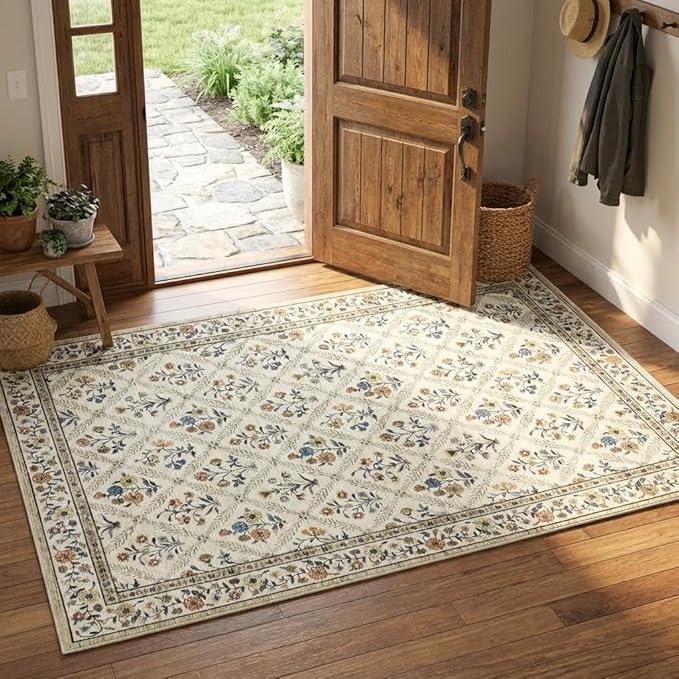 Floral Washable Entryway Rug Non-Slip 2x3 Front Door Mat Vintage Low-Pile Small Area Rugs Soft Non-Slip Indoor Stain Resistant Entry Mat for Entrance Bedroom Bathroom Beige