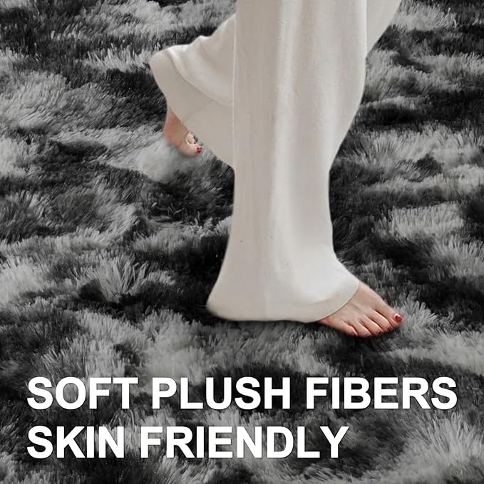 4x6 Ft Shag Area Rug for Bedroom Living Room, Tie-Dyed Ultra Soft Fluffy Furry Rugs for Indoor Floor, Aesthetic Carpet for Kids Home Decor (Black Grey)