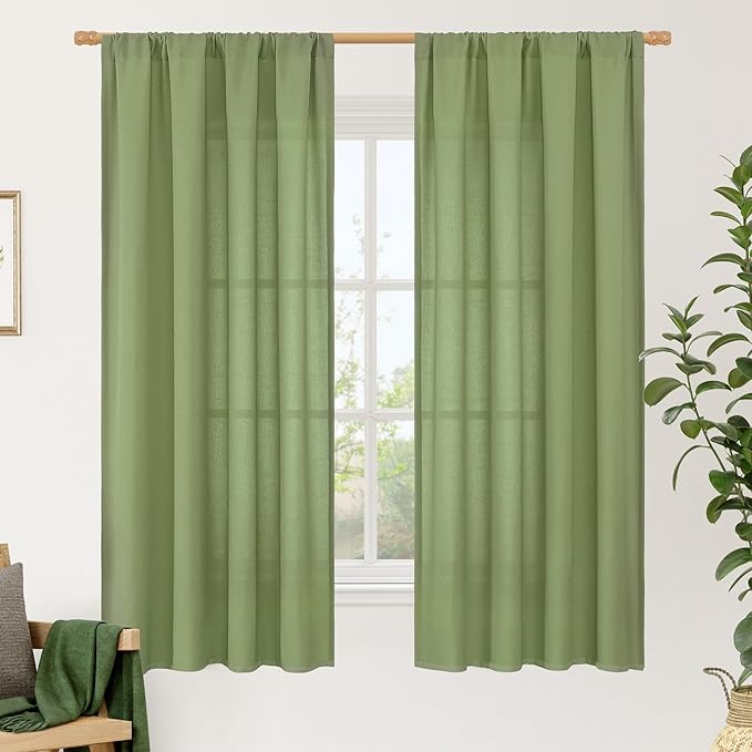 LAMIT Green Linen Curtains 63 inch Length for Bedroom, Faux Linen Light Filtering Window Treatments Neutral Rod Pocket Drapes for Living Room/Farmhouse, 2 Panels Set, 42 x 63 Inch