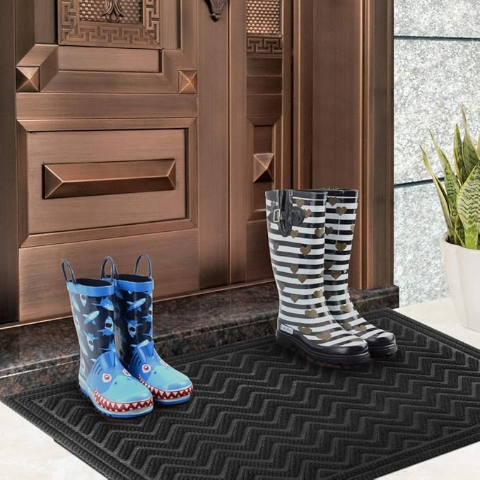 Mibao Front Door Mat, Dirt Trapper Welcome Mat for Outdoor Indoor, Non-Slip Waterproof Doormat, Durable Low Profile Entry Rug for Back Door Outside Patio Porch, 35.5" x 24", Black