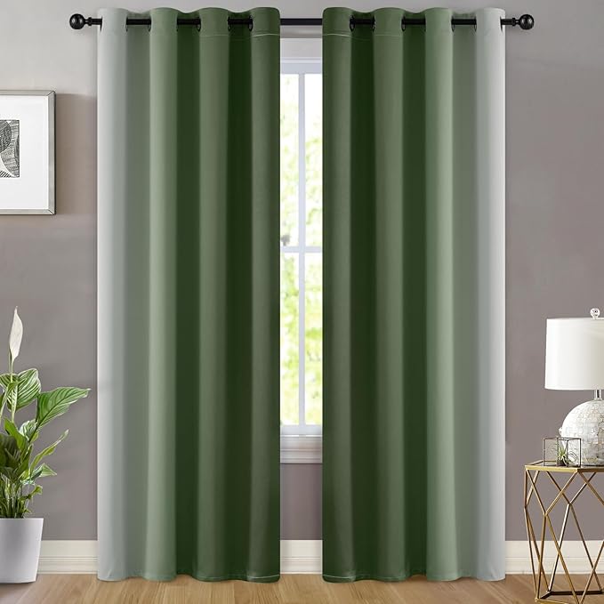Yakamok Greyish White and Sage Green Ombre Curtains,Light Blocking Curtains,Room Darkening Grommet Window Drapes for Bedroom(Sage Green,52x84 Inch,2 Panels)