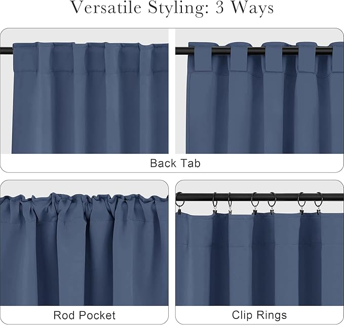 PONY DANCE Window Curtains Drapes - Energy Saving Back Tab/Rod Pocket Room Darkening Thermal Draperies Heavy-Duty for Kitchen, 52 by 54 inch, Blue Haze, 2 Panels