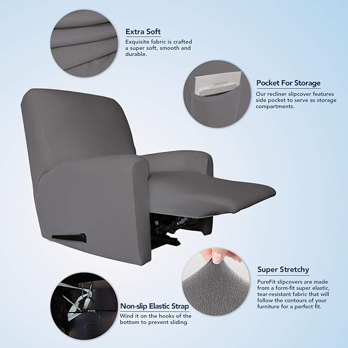 PureFit Super Stretch Chair Sofa Slipcover with Pocket – Spandex Non Slip Soft Couch Sofa Cover, Washable Furniture Protector with Elastic Bottom for Kids, Pets （Recliner, Light Gray）