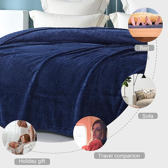 Exclusivo Mezcla Fleece Twin Size Blanket for Bed, 60x80 Inches Soft Cozy Jacquard Flannel Blankets, Lightweight Fuzzy Plush Warm for Women, Navy Blue