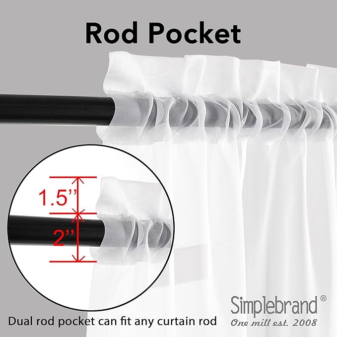 Simplebrand Sheer White Curtains 120 Inches Long, Extra Long Rod Pocket Solid Color Window Sheer Curtain Panels, Elegant Curtains & Drapes for Living Room, Bedroom 2 Panels (White, 2x42x120'')