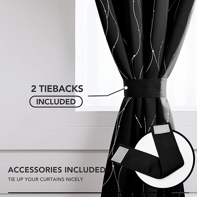 Deconovo Blackout Curtains for Bedroom, 72 Inch Length - Room Darkening Curtains, Window Grommet Curtains, Wave Line and Dots Pattern (W52 X L72, Black, Set of 2)