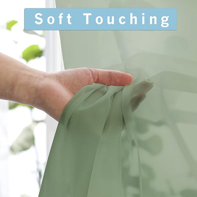 OWENIE Sheer Curtains Sage Green, 45" Long, Light Filtering for Small Window, 2 Panels, Cafe Style