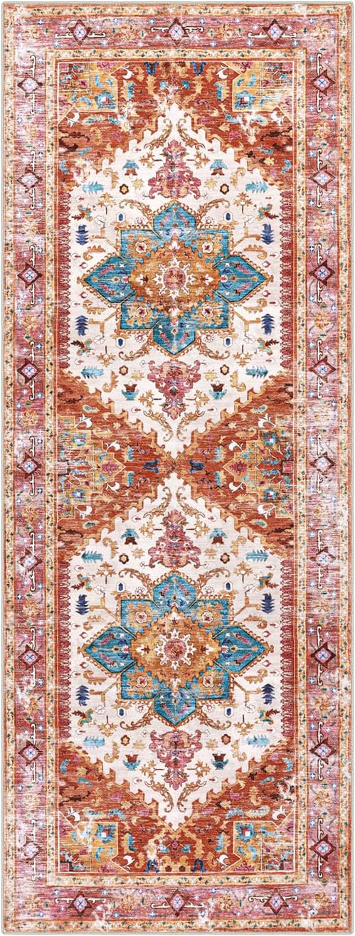 Yamaziot Washable Runner Rug, 2x6 Non-Slip Boho Vintage Hallway Rug Runner with Rubber Backing, Stain Resistant Distressed Carpet Runner for Bedroom, Kitchen, Laundry, Entrance