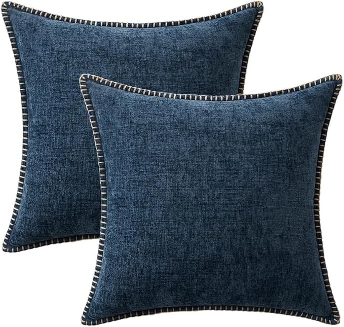 MIULEE Pack of 2 Couch Throw Pillow Covers 18x18 Inch Dark Blue Farmhouse Decorative Pillow Covers with Stitched Edge Soft Chenille Solid Dyed Spring Pillow Covers for Sofa Bed Living Room
