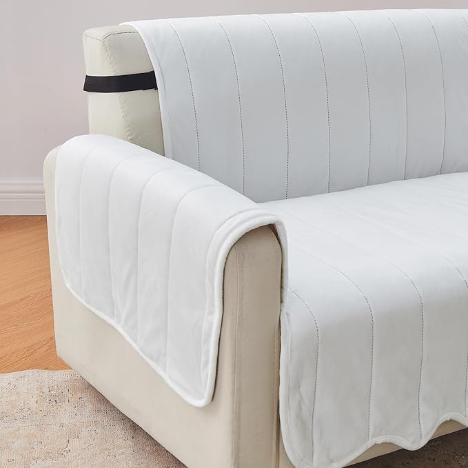 Great Bay Home Velvet Recliner Cover - Washable Slipcover Furniture Protector with Elastic Straps - Furniture Cover for Dogs, Kids, and Pets - Stitched Detail (White)