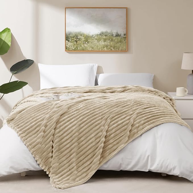 IMEET Linen Ribbed Twin Blanket for Bed - 300GSM Lightweight Soft Fleece Blanket for Men Women, Cozy Blankets Graduation Birthday Gifts, Striped Spring Home School Dorm Decor, Linen, 60x80 Inches