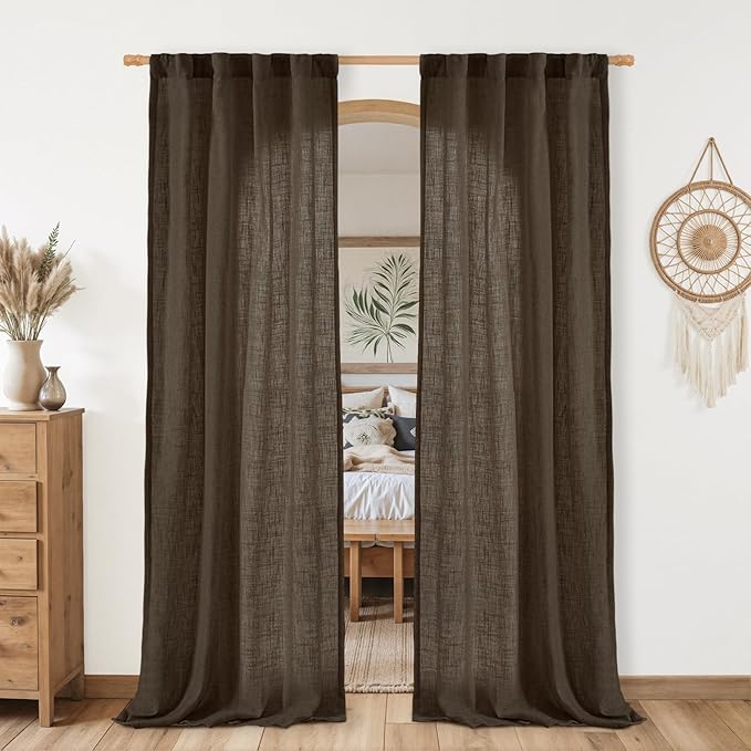 LAMIT Dark Brown Linen Boho Curtains 80 inch Length 2 Panels, Light Filtering Semi Sheer Panels Back Tab and Rod Pocket Neutral Drapes for Bedroom/Living Room, 34 x 80 Inch