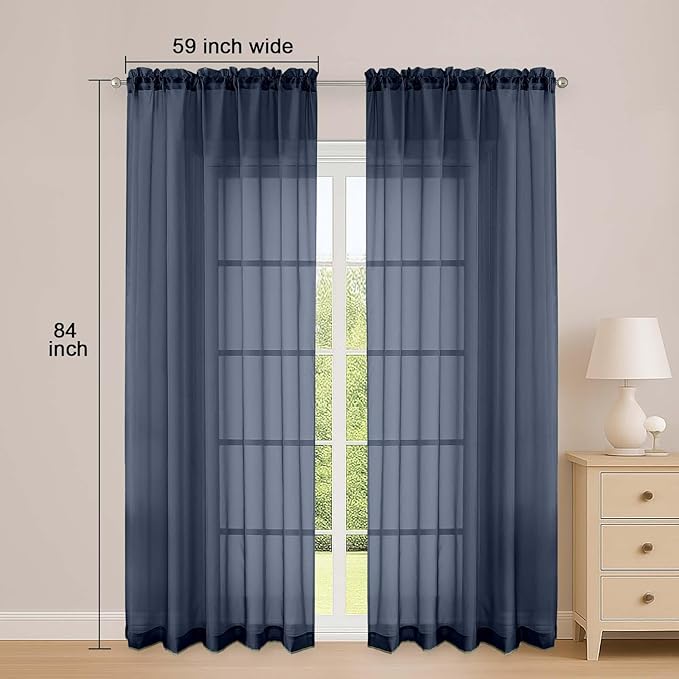 OWENIE Sheer Curtains 84 Inches Long 2 Panels Set, Sheer Navy Blue Curtains for Living Room Bedroom 59 Inch Extra Wide, Modern Voile Filmy Rod Pocket Drapes, 2 Pcs, Each 59 W x 84L, Navy Blue
