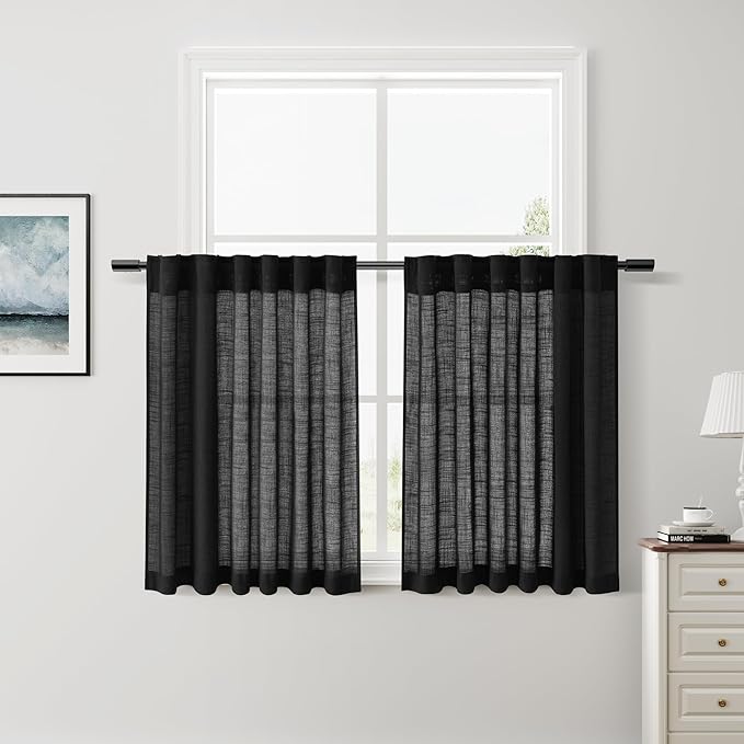 Nanspring Short Linen Kitchen Curtains 36 Inch Length,Over Sink Black Privacy Semi Sheer Curtains Back Tab and Rod Pocket Drapes for Basement Bathroom Window 42 x 36 Inch,2 Panels