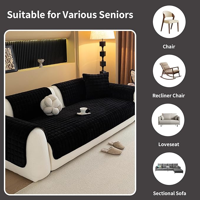 Velvet Couch Cover, Plush Sectional Sofa Cover Washable, Anti Slip Sofa Slipcover for 2-3 Cushion Sofas, Furniture Protector Covers for Pets & Kids(1PC, Black, 35.4"×63", Loveseat)