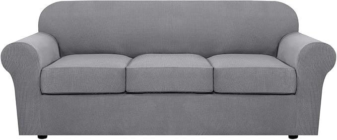H.VERSAILTEX 4 Piece Stretch Sofa Covers for 3 Cushion Couch Covers for Living Room Furniture Slipcovers (Base Cover Plus 3 Seat Cushion Covers) Upgraded Thicker Jacquard Fabric (Sofa, Dove)