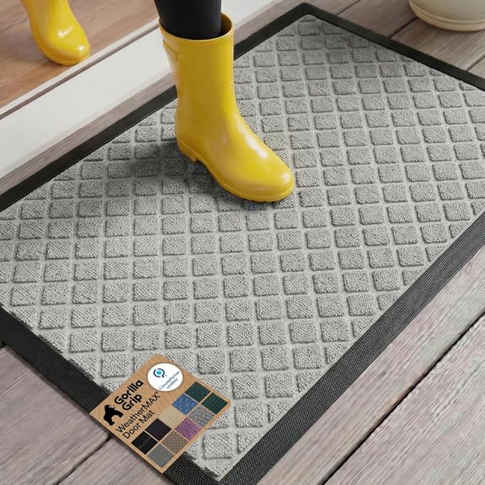 GORILLA GRIP 100% Waterproof All-Season WeatherMAX Doormat US Designed Natural Rubber, Stain and Fade Resistant, Low Profile Indoor Outdoor Door Mats, Easy Clean Patio Mat, 23x35, Light Gray