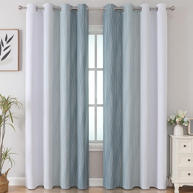 Estelar Textiler Stone Blue and Greyish White Blackout Curtains 96 Inches Long,Full Room Darkening Grommet Curtains for Bedroom,Thermal Insulated Ombre Blackout Drapes for Living Room,52Wx96L,2 Panels
