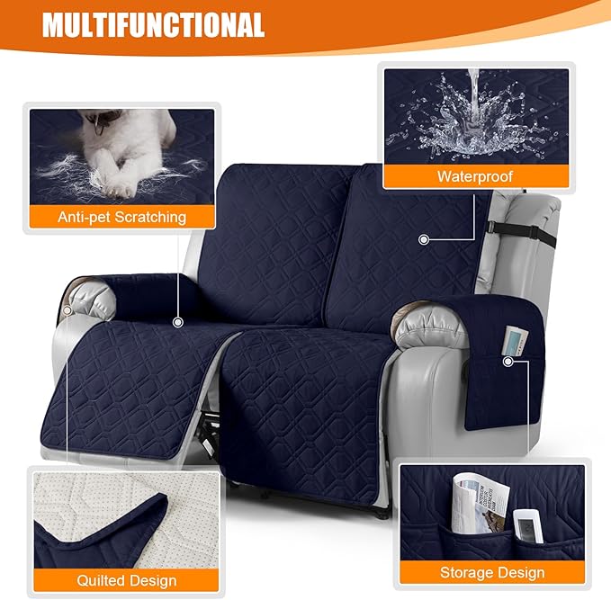 VANSOFY Waterproof Recliner Couch Covers, Sofa Covers 1-Piece Washable Reclining Sofa Cover Non-Slip Furniture Protector with Elastic Straps Pocket for Dogs, Pets(Dark Blue,2 Seater)