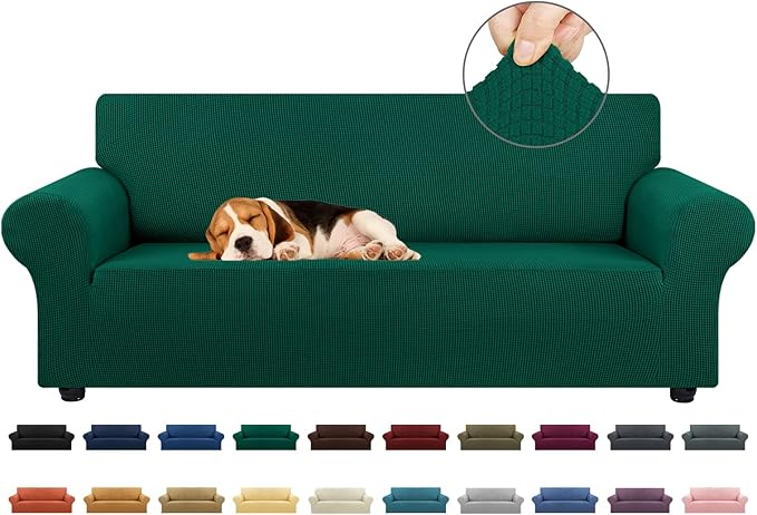 KEKUOU Stretch Sofa Cover Slipcover ，Couch Covers for 3 Cushion Couch Sofa pet Friendly (78"-94") Furniture Protector Sofa with Elastic Bottom for Kids,Dog, Jacquard Small Checked(Large,Hunter)