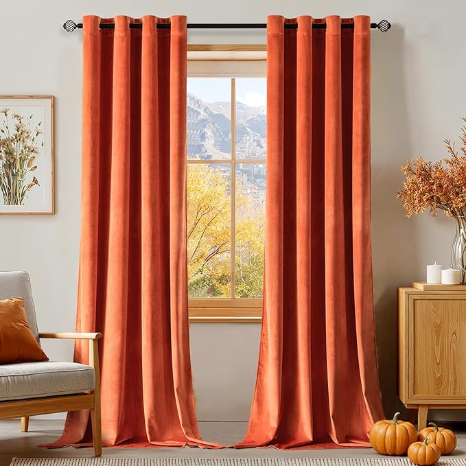 MIULEE 90 Inches Velvet Curtains Orange Elegant Grommet Curtains Fall Thermal Insulated Soundproof Room Darkening Curtains/Drapes for Classical Living Room Bedroom Decor 52 x 90 Inch Set of 2