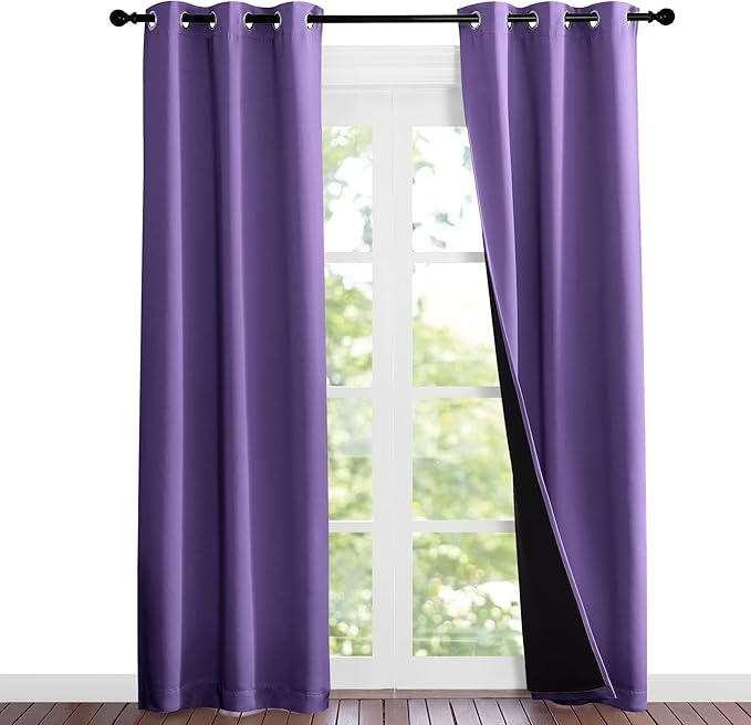 NICETOWN Lilac Purple Full Shade Curtain Panels, Pair of Thermal Insulated & Energy Efficiency Blackout Curtains for Living Room Windows, Lined Silky Performance Window Dressing (37" Wide x 84" Long)