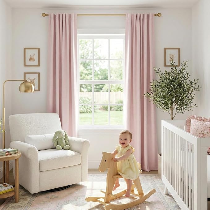 100% Blackout Shield Soft Pink Linen Blackout Curtains for Bedroom 96 Inches Long, Back Tab/Rod Pocket Living Room Drapes, Thermal Insulated Blackout Curtains 2 Panels Set, 50" W x 96" L