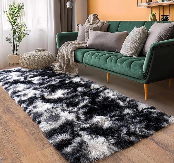 Pionblank Fluffy Runner Rugs for Bedroom 2x6, Modern Shaggy Area Rug for Hallway Living Room, Plush Soft Fuzzy Bedside Carpet for Kids Girls Boys Room Nursery Decor, Black White