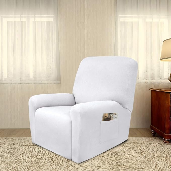PureFit Super Stretch Chair Sofa Slipcover with Pocket – Spandex Non Slip Soft Couch Sofa Cover, Washable Furniture Protector with Elastic Bottom for Kids, Pets （Recliner, White