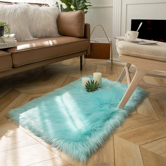 Ashler faux fur rug, Fluffy Shaggy Area Rug Ultra Soft 2 x 2.9 Feet Rectangle Fur Rug Turquoise Fuzzy Rug Machine Washable Shag Rug, Nursery Decor Throw Rugs for Bedroom, kids room, Living Room