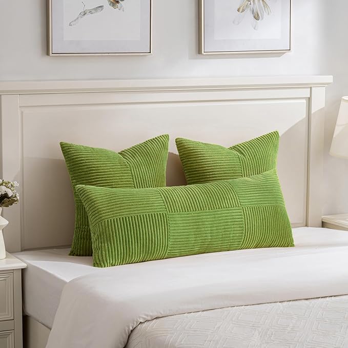 Fancy Homi Set of 2 Lime Green Big Decorative Throw Pillow Covers 24x24 Inch for Couch Bed Sofa, Modern Farmhouse Boho Home Decor, Soft Cross Corduroy Patchwork Accent Square Cushion Case 60x60 cm