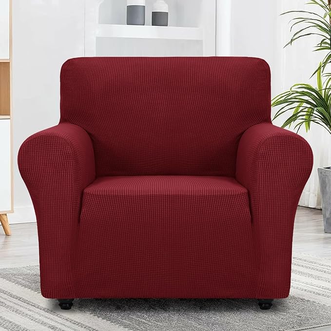 ZNSAYOTX Super Stretch Chair Slipcover Universal Sofa Chair Covers for Living Room Dogs Pet Furniture Protector Spandex Armchair Slipcovers with Anti Slip Foam Sticks (Wine Red, Chair)