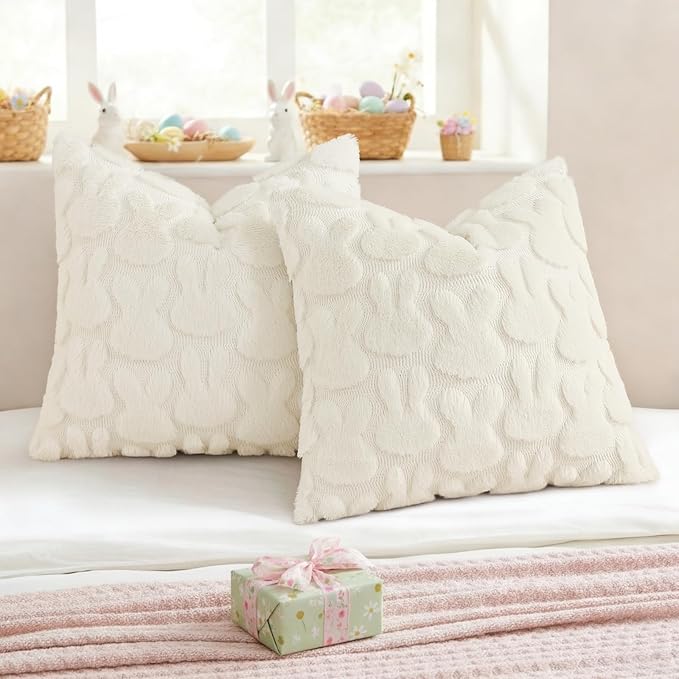 decorUhome Easter Bunny Pillow Covers 16x16 Inch Set of 2, Soft Plush Faux Wool Jacquard Cream White Rabbit Cushion Covers, Farmhouse Neutral Spring Easter Holiday Decor for Couch Sofa Bed