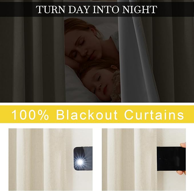 NICETOWN Thick Linen 100% Blackout Bedroom Curtains 108 inches Long, Bronze Grommet 2 Layers with White Liner Window Treatments Sound Reducing for Living Room, Natural, W52 x L108, 2 Panels