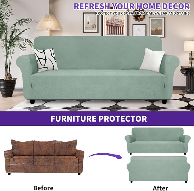 ZNSAYOTX Oversized Super Stretch Couch Cover (92"-115"), New Striped Sofa Covers Comfortable & Durable, Dog Cat Pets Friendly Extra Large Spandex Sofa Slipcovers (Pea Green, XL Sofa)