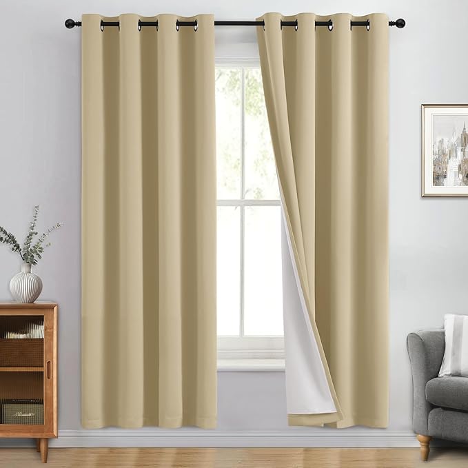 Yakamok 100% Blackout Curtain Panels 72 inches Cold and Light Blocking Drapes for Nursery, 2 Thick Layers Thermal Insulated Draperies (2 Pieces, 50 Wide Each Panel, Beige Front with White Backing)