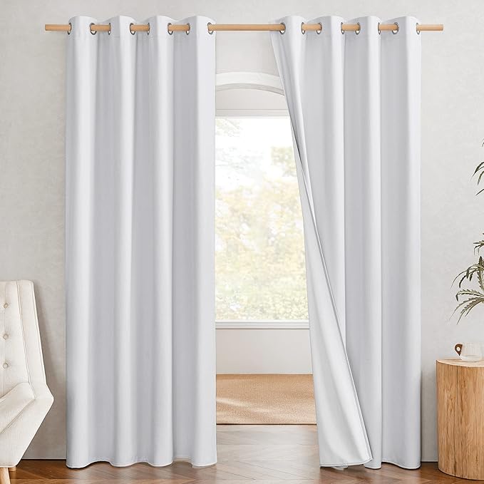 NICETOWN 100% Absolutely Blackout Linen Curtains with Thermal Insulated White Liner, White, 52" Wide, Long Curtains 80" Long 2 Panels Set for Living Room, Thermal Insulated Privacy Drapes for Bedroom