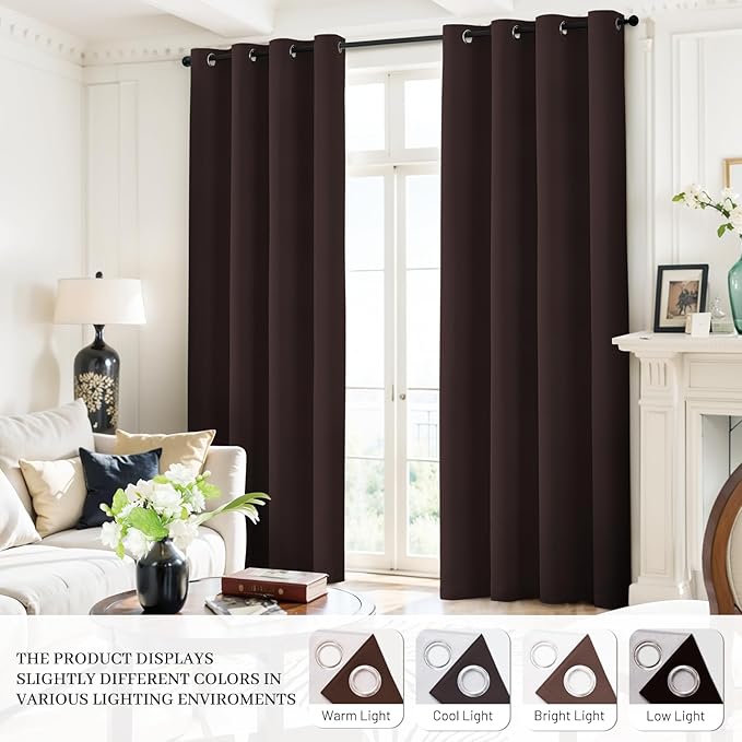 Yakamok Room Darkening 100% Blackout Curtains Grommet Window Treatments with 2 Thick Layers-Brown Thermal Insulated Drapes Set of 2 Panels for Bedroom Living Room 52 Inches by 96 Inches Length