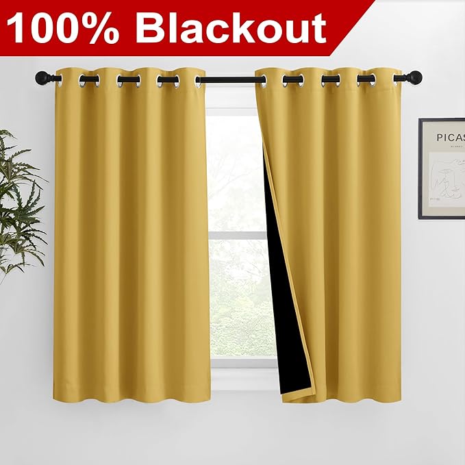 NICETOWN 100% Blackout Curtains with Black Liners, Solid Thermal Insulated Full Blackout 2-Layer Lined Drapes, Energy Efficiency Window Draperies for Bedroom (2 Panels, 46" W by 54" L, Bright Yellow)
