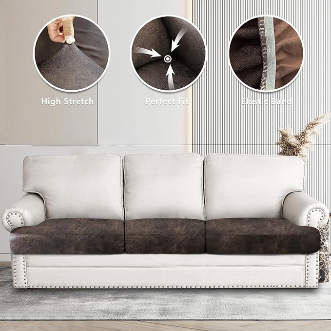 Leather Look Couch Cushion Covers Sofa Seat Slipcovers Sets Couches Furniture Protector for Sectional Armchair Loveseat Pets Kids Stretch Spandex Fabric (3 T-Cushion Sofa, Brown)