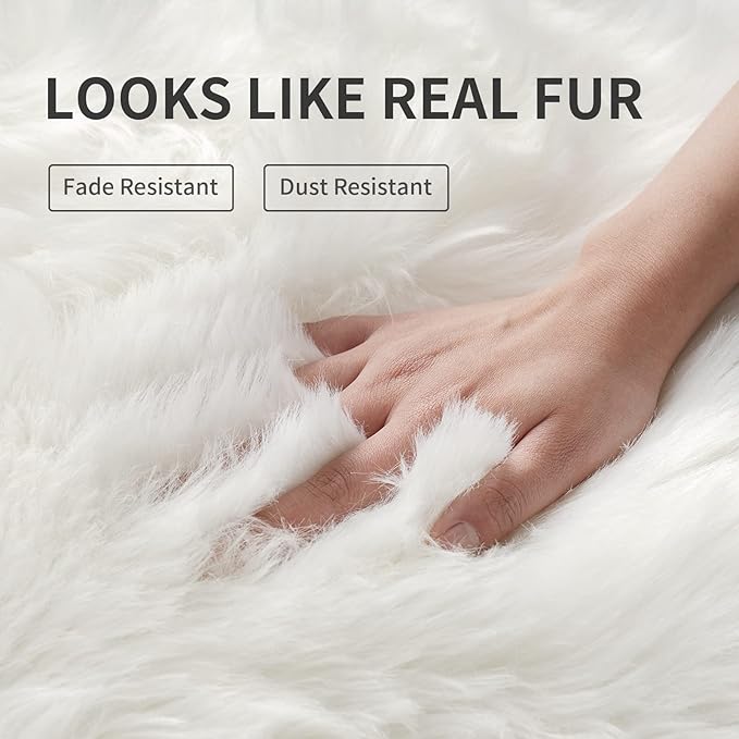 Faux Fur Area Rug, White Fluffy Rugs for Bedroom Living Room, 4'x6' Soft Shaggy Fuzzy Rug for Nursery, Indoor Plush Floor Carpets for Kids Girls Boys Teen Dorm, Cute Home Decor, Rectangle