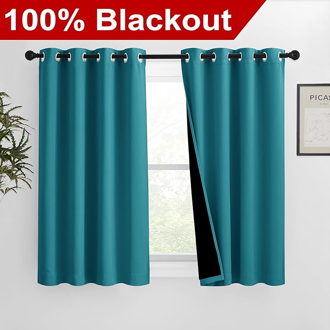 NICETOWN 100% Blackout Curtains 54 inches Long, Double-Deck Completely Blackout Window Treatment Thermal Insulated Lined Drapes for Small Window (Peacock Teal, 1 Pair, 46 inches Width Each Panel)