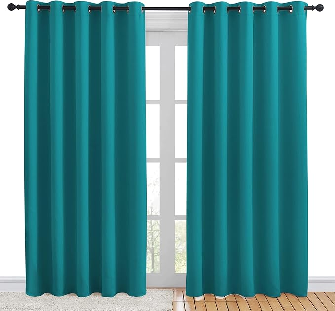 NICETOWN Blackout Draperies Curtains for Kids Room, Window Treatment Thermal Insulated Solid Grommet Blackout Drape Panels for Bedroom (Peacock Teal, Set of 2, 70 by 84 inches)