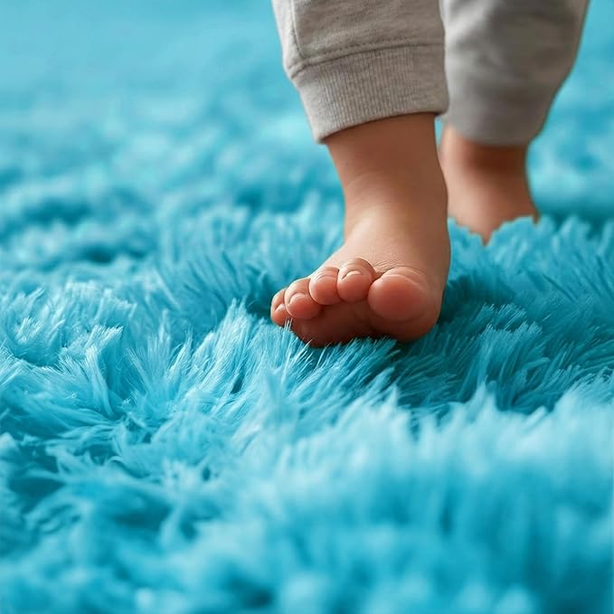 Amdrebio Blue Soft Round Rugs 4Ft for Kids Bedroom, Fluffy Circle Area Rugs for Teen Girls Boys, Cute Play Room Decor Aesthetic, Plush Shaggy Fuzzy Carpet for Nursery Classroom Preppy Dorm Playroom