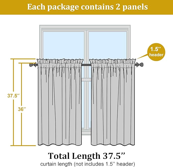 OWENIE Short Lemon Sheer Curtains 36 Inch Length 2 Panels Set, Kitchen Tiers Curtains Light Filter Rod Pocket Voile Cafe Curtain for Basement Bathroom Small Half Window, 42" W x 36" L, Lemon
