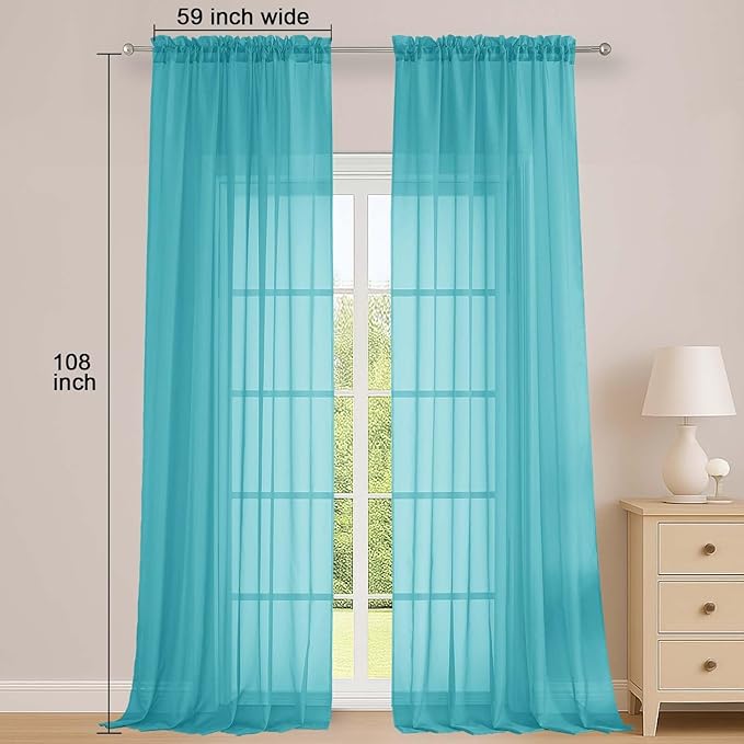 OWENIE Sheer Turquoise Curtains 108 Inches Long for Living Room Bedroom 2 Panels Set, Lightweight Airy Turquoise Sheer Curtain, Filmy Voile Rod Pocket, 2 PCS, Each 59" W x 108" L