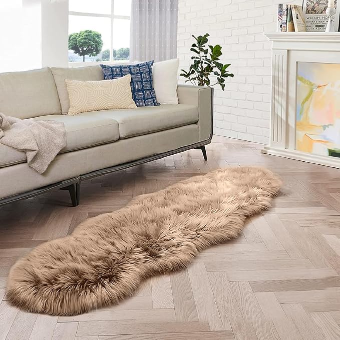 ORINOVA Beige Furry Washable Area Rugs for Bedroom Living Room 2X6 Faux Sheepskin Shaggy Fur Nursery Rug for Cute Room Decor Rug