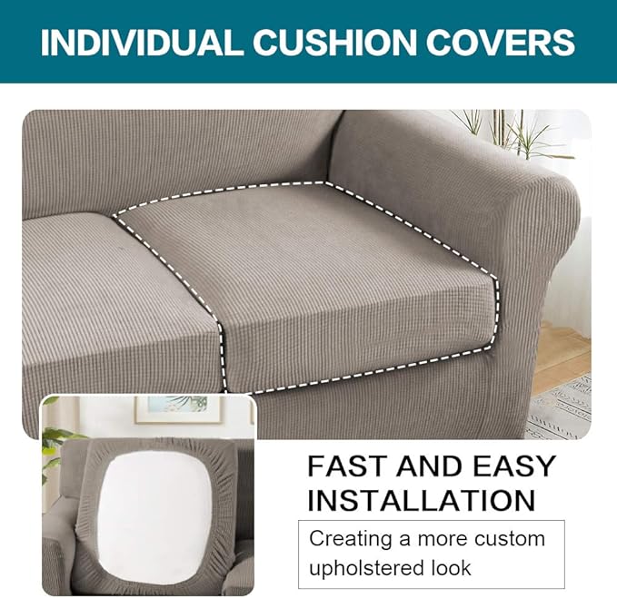 Turquoize 4 Piece Sofa Covers for 3 Cushion Couch Sofa Slipcover Soft Couch Cover for Dogs-Washable Sofa Furniture Covers with 3 Individual Large Cushion Covers, Feature Thick Fabric (XL Sofa, Taupe)