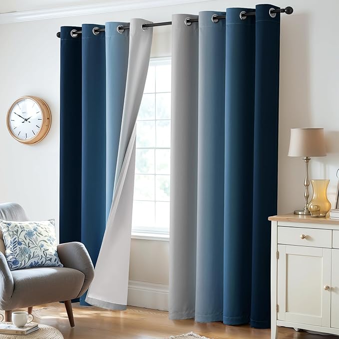 Yakamok 100% Blackout Curtains 84 Inch Length 2 Layers,Blue Curtains for Bedroom Ombre Room Darkening Grommet Gradient Drapes, Light Blocking Thermal Insulated Window Curtains for Living Room